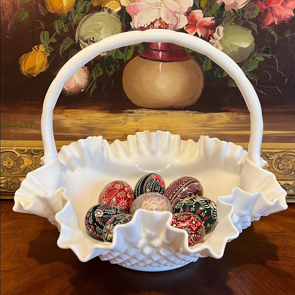 VTG Fenton Hobnail Milk Glass Crimped Handle Large Ruffle Basket Art Glass Decor